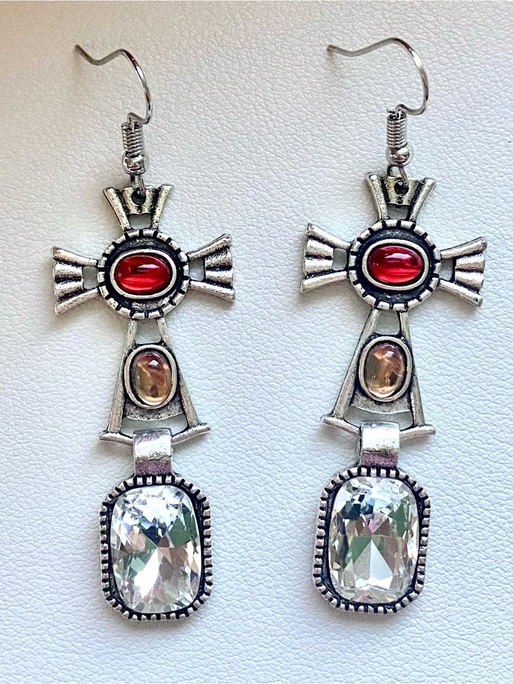 Silver-Tone Cross Drop Earrings with Red & Clear Stones